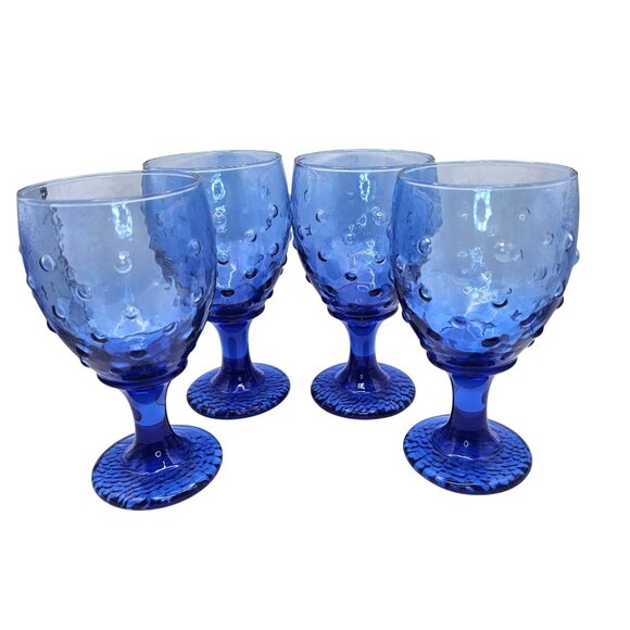 Libbey Hobnail Cobalt Blue Glass Goblets Set Of 4 Unique Textured Drinkware - Picture 9 of 12